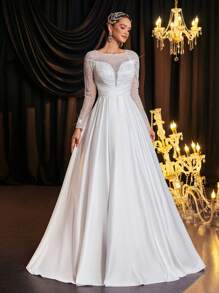 Glamrae Elegant Luxurious Champagne Beaded Sequin Floral Lace Splice Satin Draped Dress With Sheer Long Sleeves, Suitable For Wedding, Party, Prom, Vacation, Informal Bridal - Beige - View 4