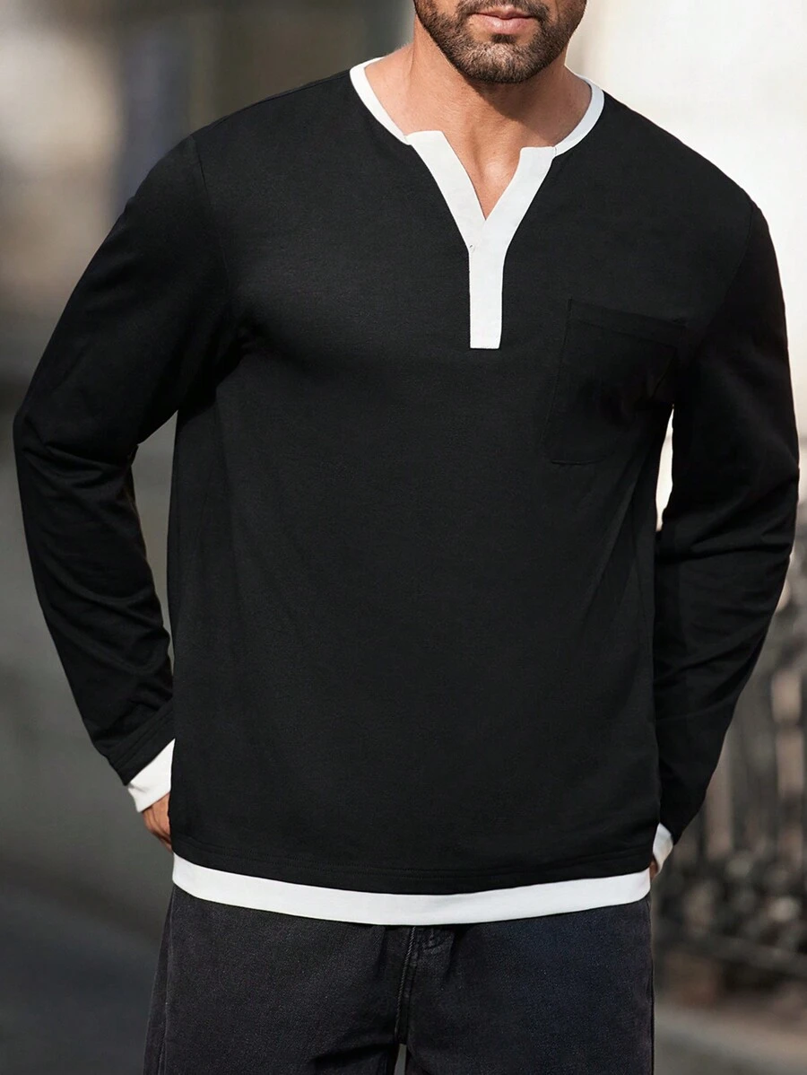 Manfinity Homme Men's Casual Contrast Trim Notched Neck T-Shirt For Autumn - Black - View 1