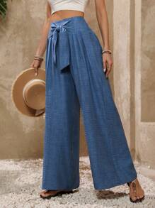 SHEIN Clasi Của phụ nữ Thời trang Rộng chân Quần Với Chi tiết cung - Màu xanh lam - Xem 6