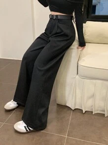 SHEIN MOD Women's Black Pocket Straight Casual Pants With Belt, Elegant Pants, Going Out Pants - White - View 3