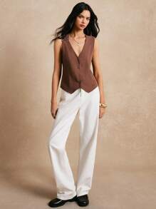 Poéselle 女士棕色金属装饰不对称扭纹无袖简约亚麻背心，春装，欧洲夏季，夏季女装，女士亚麻服装，日常休闲服装 - 棕色 - 查看 5