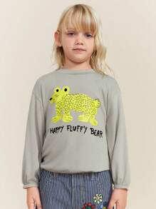 SHEIN 年轻女孩圆领长袖图案印花简约 T 恤，休闲日常穿着 - 灰色 - 查看 6