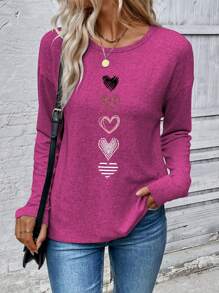 EMERY ROSE المرأة تي شيرت كاجوال بأكمام طويلة مطبوع عليه قلب، الخريف - روز أحمر - مشاهدة 5
