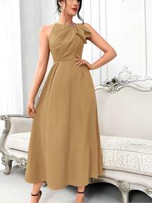 Modelyn Women's Solid Color Sleeveless Simple Pleated Casual Long Dress - Khaki - View 6
