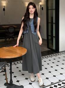 DAZY Women's Solid Color Round Neck Sleeveless Ruffled Simple Casual Long Dress Sundress Dress Cute Tops - Grey - View 3