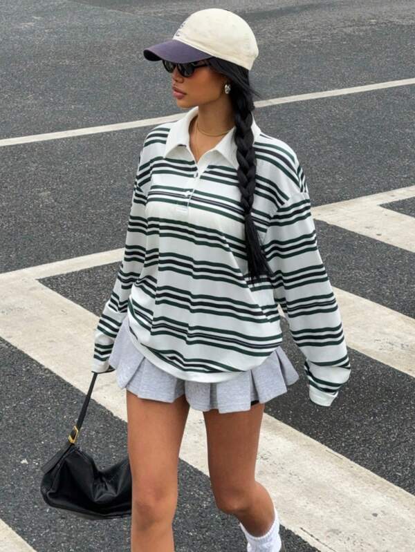 SHEIN EZwear Women's Casual Everyday Green Stripe Print Polo Neck Long Sleeve Knit T-Shirt, Spring/Autumn