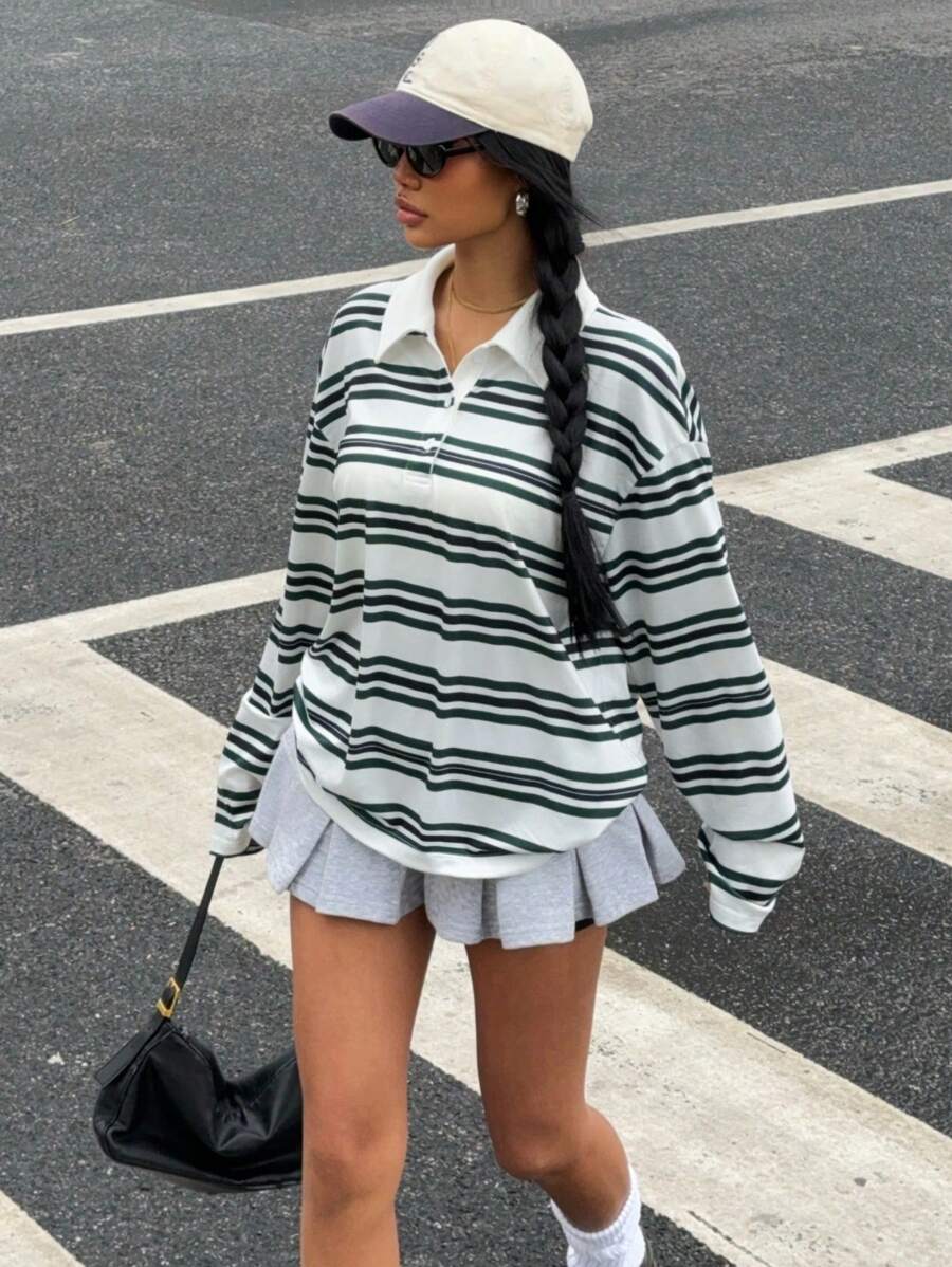 Muchica Women's Casual Everyday Green Stripe Print Polo Neck Long Sleeve Knit T-Shirt, Spring/Autumn