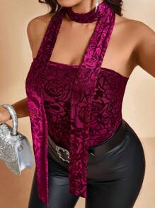 Allurite Plus Size Women's Dark Blue Summer Elegant Night Out Club Flocked Lace Floral Print Camisole Sleeveless Top With Decorative Scarf,Fashion Commuter - Burgundy - View 8