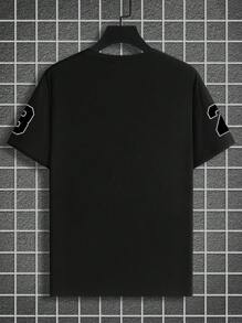 Manfinity Homme Camiseta de manga corta negra de talla grande para hombre, con estilo informal y deportivo, con impresión numérica y de letras, para el verano