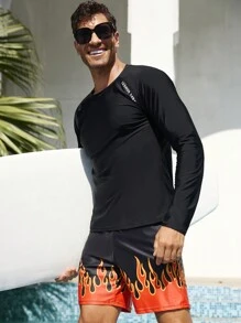 Manfinity Swimmode 2pcs/Set Men Letter Print Round Neck Long Sleeve Top And Shorts Set, Casual - Black - View 7