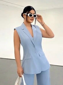 SHEIN SXY Women's Solid Color Lapel Sleeveless Casual Blazer, Autumn - Dusty Blue - View 5