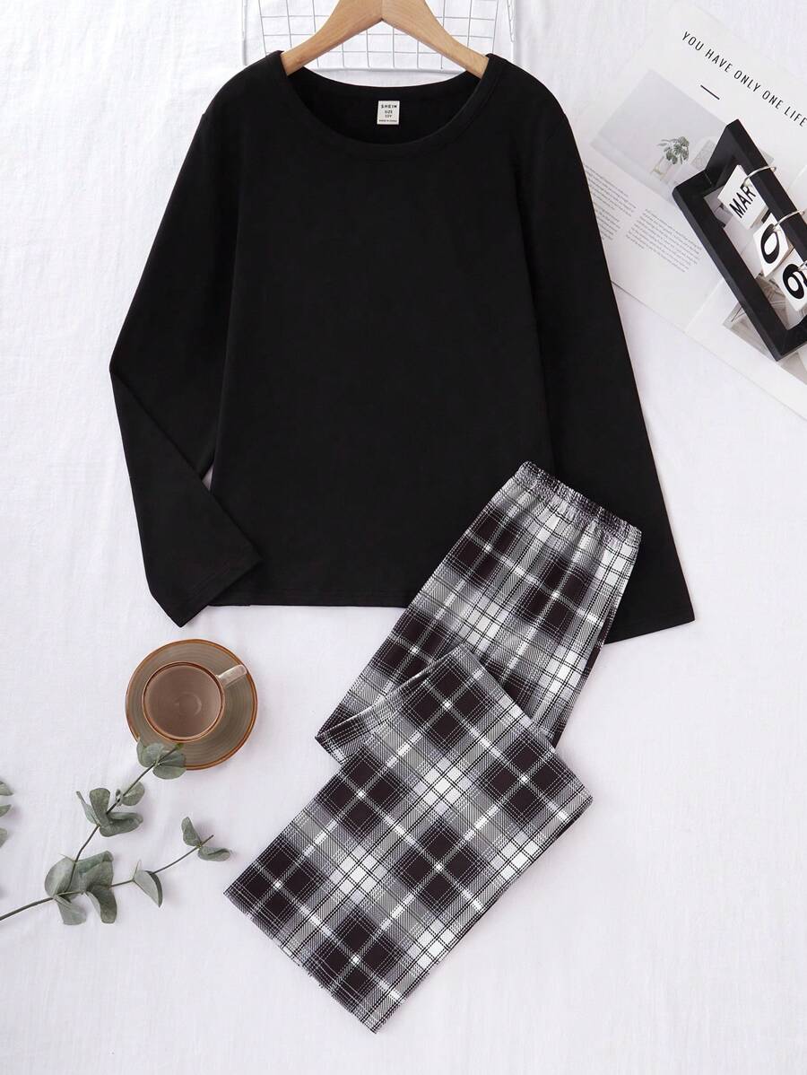 SHEIN Boys Pajamas Set - Casual Knit Crew Neck Long Sleeve Top And Long Pants, 2pcs Loungewear Set (Daddy And Me Matching Outfits Are Sold Separately)