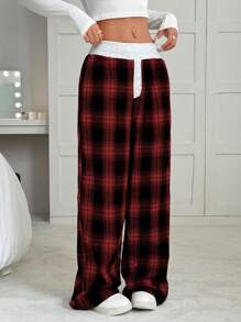 SHEIN EZwear Pantalones anchos de cintura baja de color block a cuadros informales