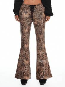 ROMWE Grunge Punk Quần ống loe cạp cao họa tiết da báo gợi cảm cổ điển Y2K có viền bất đối xứng với dây đeo chéo dành cho nữ - Nhiều màu - Xem 7