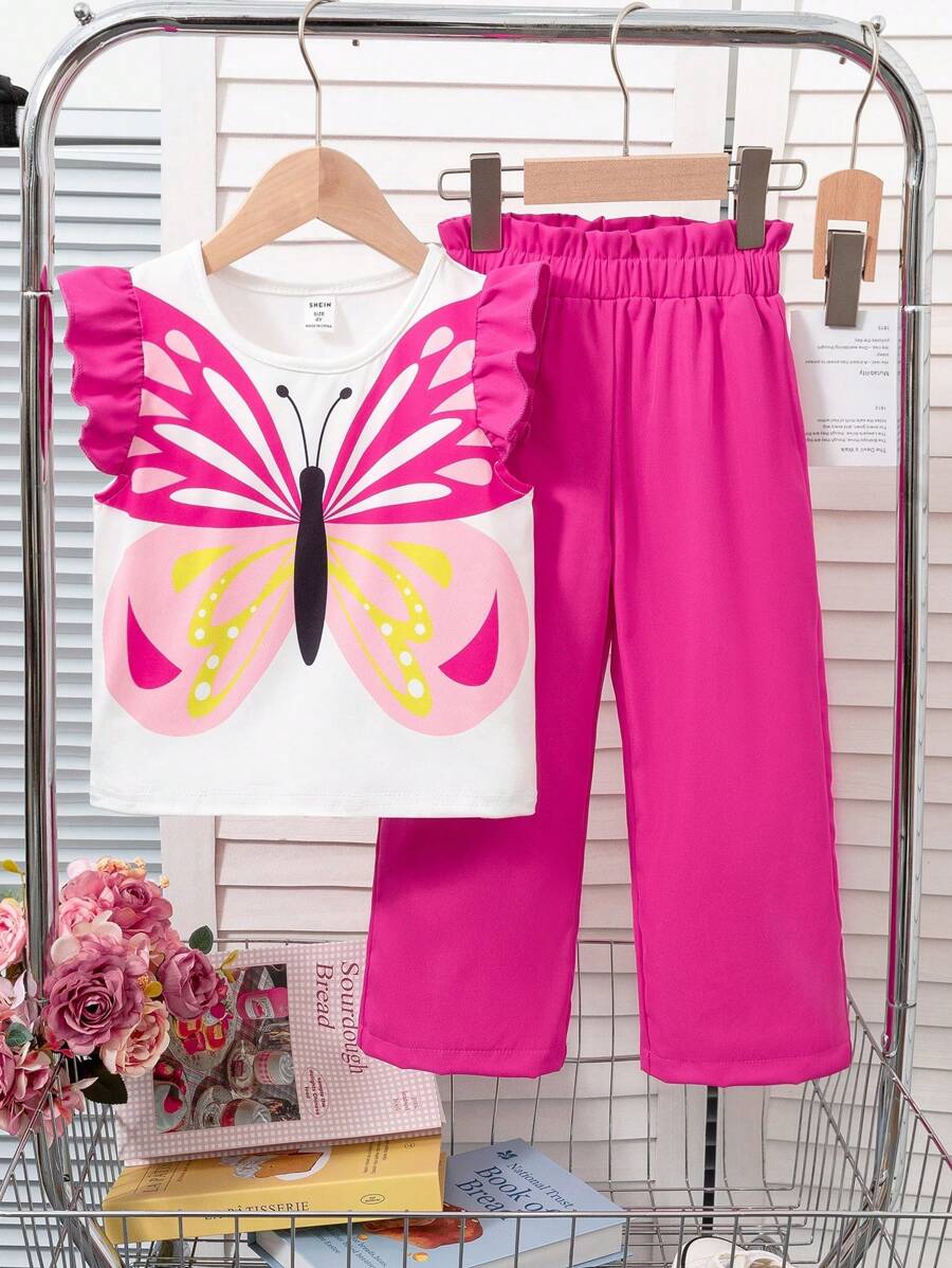 2pcs Young Girl' Casual Butterfly Print Flutter Sleeve T-Shirt And Leggings Set Summer Holiday - Multicolor - View 1