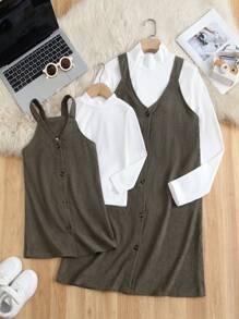 1set/2pcs Women's Military Green Dress With White Vertical Striped Long Sleeve Undershirt, Mommy & Me Set (2 Sets Sold Separately) Fall Cloth For Women - Green - View 1