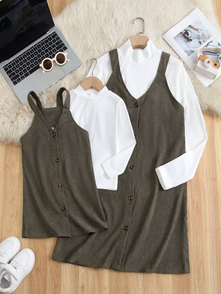1set/2pcs Women's Military Green Dress With White Vertical Striped Long Sleeve Undershirt, Mommy & Me Set (2 Sets Sold Separately) Fall Cloth For Women - Green - View 1