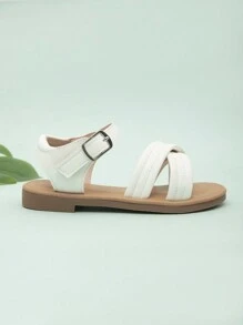 1 Pair Girl's Decorative Strap Flat Sandals With Hook-And-Loop - White - View 5