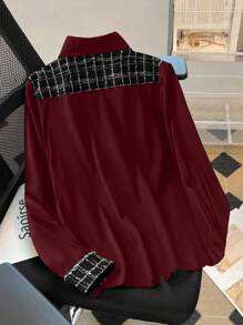 SHEIN LUNE Plus Size Solid Color Splicing Front Button Long Sleeve Casual Top Women Shirt - Burgundy - View 2