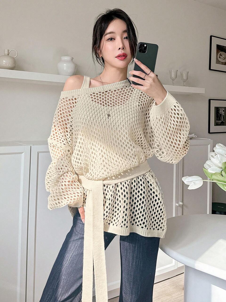 Women Loose Hollow Out High Waist Sweater Sheer,Fall Women Clothes