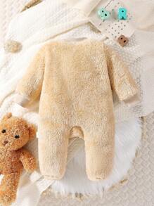 Baju Terusan Bayi Perempuan Baru Lahir Motif Beruang Lucu Lengan Panjang Bahan Fleece dengan Penutup Kaki, Pakaian Rumah yang Hangat dan Nyaman - Aprikot - View 2