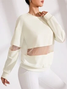 SHEIN Sports Casual Minimal Sheer Mesh Splice Sporty Sweatshirt - Beige - View 3