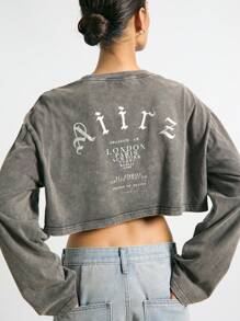 AiiRZ Oversized Crop Long Sleeve T-Shirt With Foil Graphic Back Print - Grey - View 3