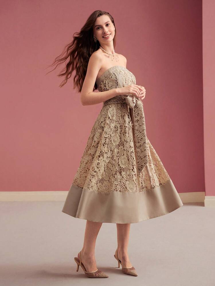 CONTRAST GUIPURE LACE TUBE DRESS, BELTED MIDI DRESS, VALENTINE'S DAY,SPRING/SUMMER