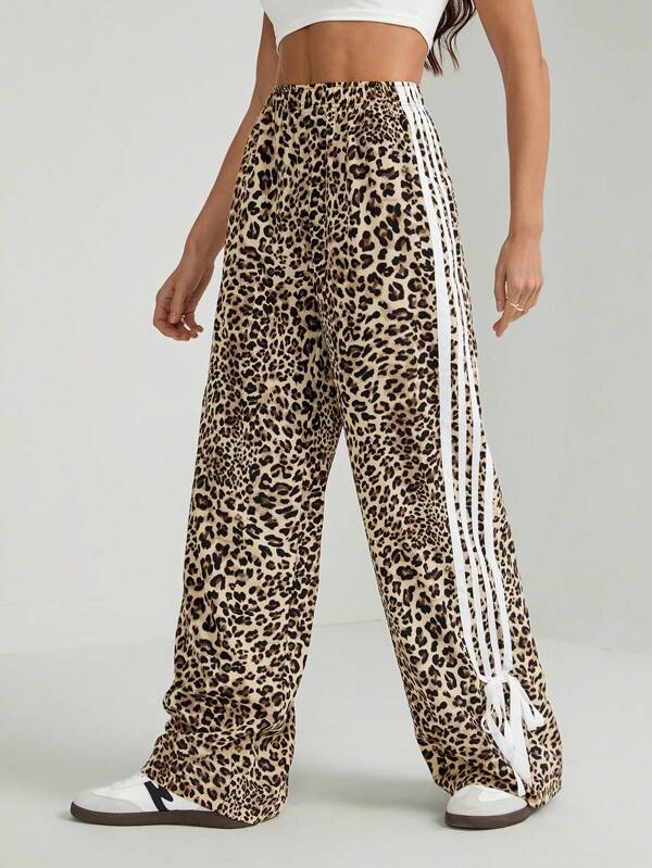 SHEIN Tall Women Casual Leopard Print Side Bowknot Pants