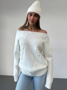 Aloruh Suéter holgado y casual de punto de cable con cuello redondo y hombros descubiertos para mujer, crema