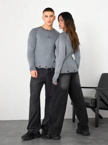 Manfinity VCAY 男士条纹字母图案修身圆领套头衫，适合秋冬季节