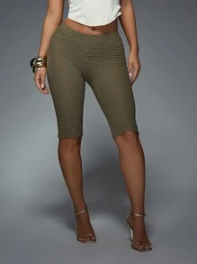 MISSGUIDED 纹理针织及膝骑行短裤高腰塑身压缩裤蜂窝图案夏季紧身裤休闲运动服 - 軍綠色 - 查看 1