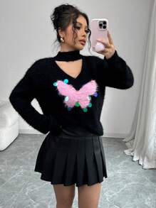 SHEIN Unity Autumn/Winter Fashion Hollow Sequin Decor Butterfly Pattern Keyhole Stand Collar Sweater Knit Pullover Fall - Black - View 4