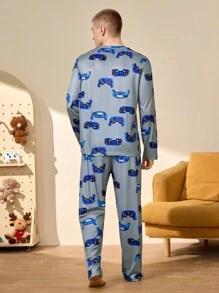 Happy Jammies Set de pijama de 2 piezas con diseño navideño todo sobre todo, con top de cuello redondo de manga larga y pantalón largo para hombre, ropa de estar por casa casual