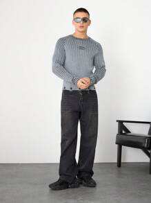 Manfinity VCAY 男士条纹字母图案修身圆领套头衫，适合秋冬季节