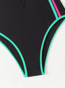 Swim SPRTY Women's Solid Color Contrast Zip Front Sleeveless Simple Casual Sports One Piece Swimsuit Summer - Black - View 6