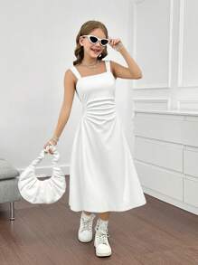 SHEIN Girlism Đầm midi không tay cổ vuông đơn sắc thanh lịch cho bé gái tuổi mới lớn, thích hợp cho tiệc tùng, tụ tập, sự kiện cưới hỏi - trắng - Xem 6