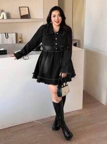 SHEIN EZwear 大码纯色休闲牛仔连衣裙，简约时尚日常穿着 - 黑色 - 查看 6