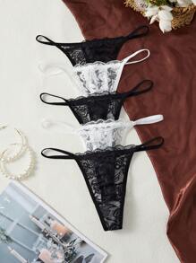 SHEIN 5pcs/Set Sexy Lace Women's G-String Panties, Breathable And Comfortable Lingerie - Black and White - View 5