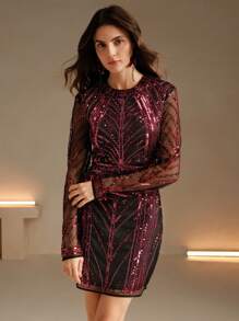 Anewsta Women's Long Sleeve Backless Sequin Mini Dress - Red and Black - View 4