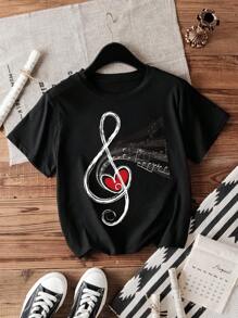 INAWLY Casual Simple Music Note & Heart Print Round Neck Short Sleeve T-Shirt Graphic Tees Women Tops - Black - View 4