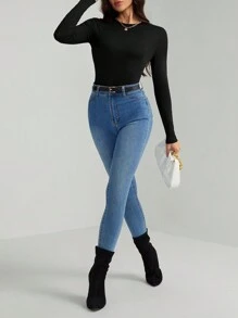 SHEIN Tall 女士纯色圆领长袖休闲修身黑色紧身衣 - 墨綠色 - 查看 3