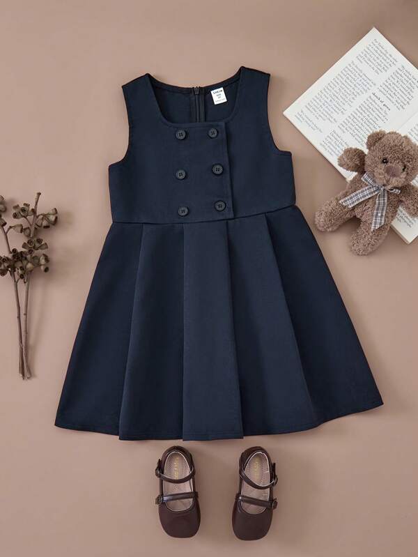  PrepCrw Young Girls' School Style Navy Decorative Double-Breasted Woven Fitted Round Neck Dress, Autumn/Winter  Girls School Uniform Teen Girl Clothes For School Uniform School For Girls School Dress First Day Of School Outfits Cute Back To School Clothes Cute Tops For School Dress
