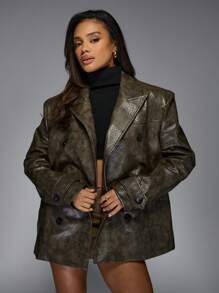 MISSGUIDED Blazer de piel sintética texturizada y extra grande, abrigo de doble botonadura de declaración de moda de diseñador para otoño e invierno, estilo de oficina y ropa de calle