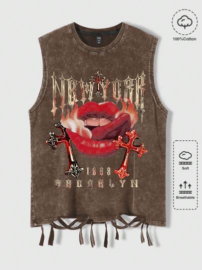 Grunge Punk Gilet de sweater lavé avec imprimé graffiti amusant pour hommes, style été années 2000