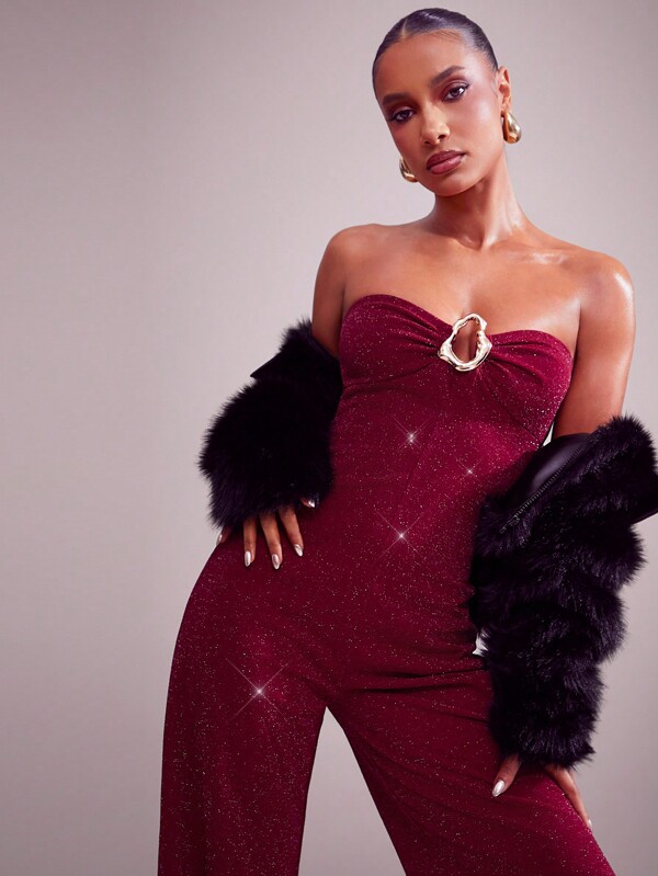 Hauture Gold Trim Metallic Knit Strapless Wide Leg Jumpsuit, Holiday Party Outfit