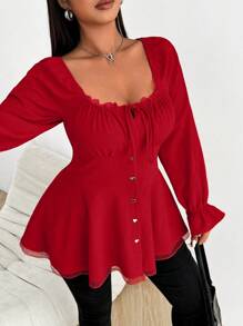 Flirla Plus Size Spring/Autumn Red Vintage Romantic Elegant Cute Loose Vacation Valentine's Day Christmas Open Front Flare Collar Splice Ruffle Trim Long Sleeve Shirt For New Year Clothes - Red - View 7