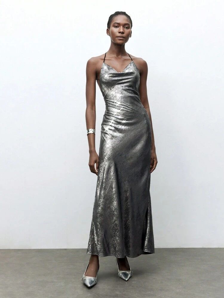 SHEIN Maija Women's Silver Shiny Textured Fabric Halter Tie Wrap Loose Hem Elegant Fashion Versatile Holiday Party Long Dress, Suitable For All Season Festival
