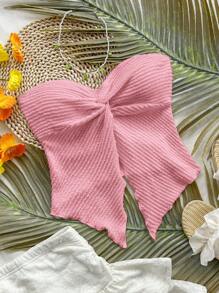 Soleia 女士粉色针织纹理抹胸，带扭曲细节和不对称下摆，度假装 - 粉色 - 查看 3