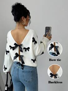SHEIN Frenchy Women's Elegant Bow Decor Sweater, Autumn/Winter French Elegant Bow Pattern Back Tie Long Sleeve Sweater   Bow Sweater  Winter Sweater Warm Sweater